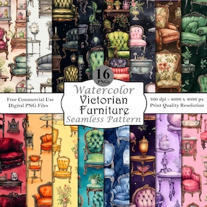 Victorian Furniture Watercolor Seamless Pattern Bundle 16 Digital Papers Printable Download Commercial Use High Resolution Fantasy Art PNG