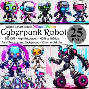 Cyberpunk Robot Series 2 Digital Clipart Instant Download Bundle Transparent Background High Resolution Scifi Fantasy Cute Robots Art PNG