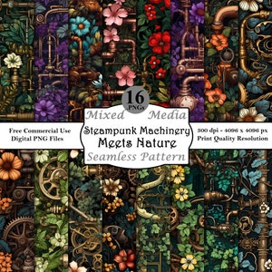 Steampunk Machinery Meets Nature Seamless Pattern Bundle Digital Papers Printable Instant Download Commercial Use Fantasy Flowers Gears PNG