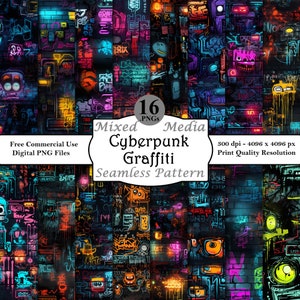Cyberpunk Graffiti Seamless Pattern Bundle Digital Papers Printable Instant Download Commercial Use Neon Futuristic Dystopian Rebel Art PNG