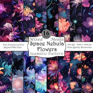 May include: A set of 16 digital seamless patterns featuring colorful flowers and nebulae on a dark background. The patterns are perfect for creating digital or printed designs.