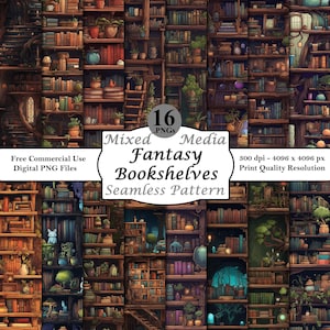Puede incluir: Un patrón digital sin costuras que presenta 16 estanterías de libros de fantasía llenas de libros, plantas y objetos mágicos. El patrón es perfecto para crear fondos, texturas y diseños para proyectos de temática fantástica.