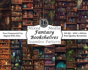 May include: A digital seamless pattern featuring 16 fantasy bookshelves filled with books, plants, and magical items. The pattern is perfect for creating backgrounds, textures, and designs for fantasy-themed projects.