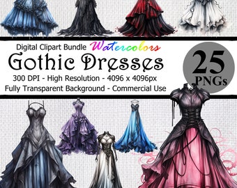 Gothic Dress Watercolor Digital Clipart Bundle Transparent Background High Resolution Halloween Creepy Dresses Dark Fantasy Gowns Art PNG
