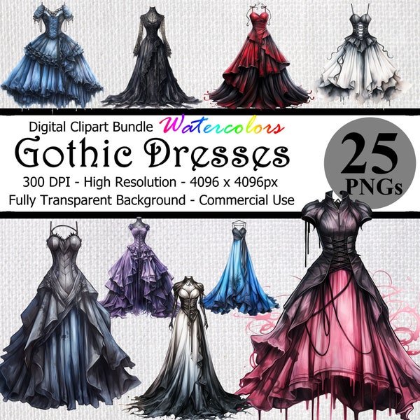 Gothic Dress Watercolor Digital Clipart Bundle Transparent Background High Resolution Halloween Creepy Dresses Dark Fantasy Gowns Art PNG