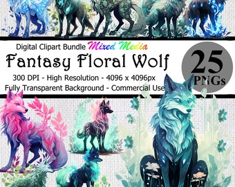 Fantasy Floral Wolf Digital Clipart Instant Download Bundle Transparent Background High Resolution Hybrid Creature Canine Beast Art PNG