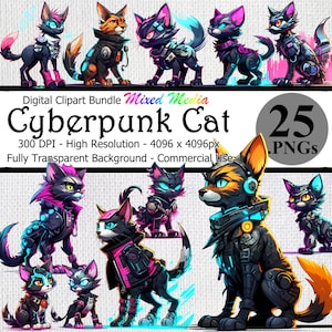 Cyberpunk Cyborg Cat Digital Clipart Instant Download Bundle Transparent Background High Resolution Scifi Fantasy Futuristic Cats Art PNG