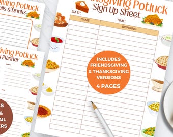 Könnte beinhalten: Ein Set aus Anmeldeformularen, Essensplanern und Cocktailplanern für ein Thanksgiving-Potluck. Die Dokumente enthalten Illustrationen von Festtagsgerichten wie Truthahn und Kürbiskuchen sowie Felder für Namen und Speisen.