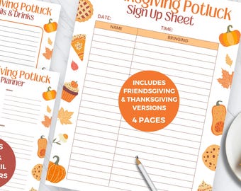 Könnte beinhalten: Ein Set aus druckbaren Thanksgiving-Potluck-Blättern, bestehend aus einer Anmeldeliste, einem Essensplaner und einem Cocktailplaner. Die Seiten zeigen orangen Text, herbstliche Illustrationen von Kürbissen, Kuchen und Blättern sowie einen zentralen orangen Kreis mit dem Text Includes Friendsgiving & Thanksgiving Versions 4 Pages.