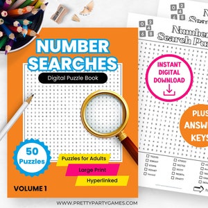 Number Search Puzzle Book, 50 Printable Numeric Word Search Puzzles and Solutions, Instant Download Puzzle Books for Kids, Adults, Seniors