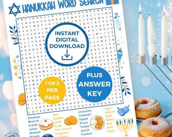 Hanukkah Word Search Printable Game & Solution, Hanukkah Dinner Party Game for Kids, Holiday Dementia Activities for Seniors, Fun Brain Game