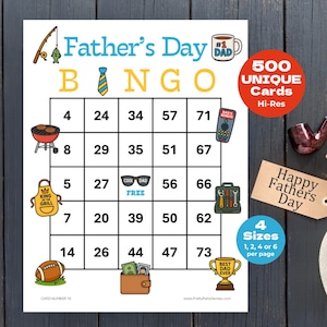 Jeu de bingo pour la fête des pères, 500 cartes de bingo imprimables avec chiffres, jeux barbecue pour les papas, jeux pour le dîner pour les grands groupes, téléchargement immédiat au format PDF