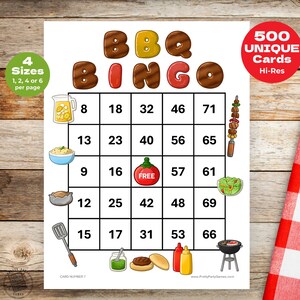Puede incluir: Una tarjeta de bingo de barbacoa imprimible con 5x5 cuadrados. Cada cuadrado tiene un número y una imagen con temática de barbacoa. Los números van del 8 al 71. El espacio libre está marcado con un tomate rojo. La tarjeta se titula "BBQ Bingo" con las letras en un esquema de color marrón y amarillo.