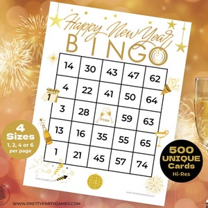 500 cartes de bingo imprimables pour la Saint-Sylvestre avec numéros, bingo du Nouvel An 2025, célébration de la bonne année, jeux de société, téléchargement immédiat