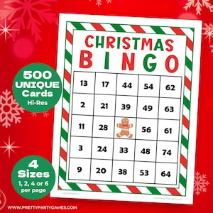 Könnte beinhalten: Eine druckbare Weihnachts-Bingo-Karte mit einem Lebkuchenmann im freien Feld. Die Karte hat die Zahlen 2, 3, 9, 11, 13, 17, 20, 21, 24, 28, 33, 38, 39, 44, 48, 49, 53, 54, 56, 61, 62, 63, 64 und 74.