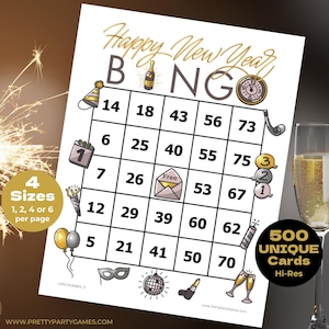 500 tarjetas de bingo de Nochevieja para imprimir con números, juego de bingo de Nochevieja 2025, juegos para fiestas de oficina, juegos para personas mayores, descarga instantánea