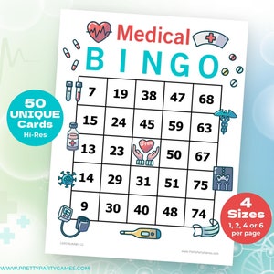 50 tarjetas de bingo médicas imprimibles con números, bingo de salud para la graduación o jubilación de enfermeras y médicos, juegos divertidos de hospital, descarga instantánea