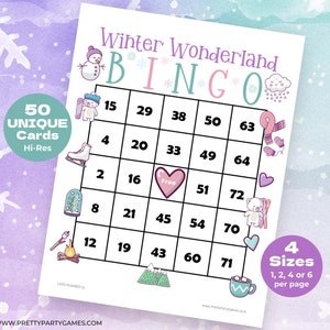 50 Printable Winter Wonderland Bingo Cards with Numbers, Winter Bingo 50 Cards, Fun Snow Day Activities for Kids & Adults, Instant Download