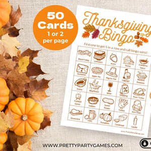 Jeu de bingo pour Thanksgiving pour adultes et enfants, 50 cartes de bingo imprimables, jeux d'automne pour l'amitié, téléchargement numérique pour fête de bureau + salle de classe