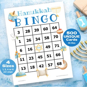 500 cartes de bingo de Hanoukka imprimables avec chiffres, jeu de bingo des fêtes amusant pour les grands groupes, idéal pour les enfants, les adultes et les personnes âgées, téléchargement immédiat