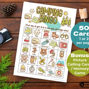 50 cartes de bingo de camping, jeu de bingo à imprimer, activités de camping d'été pour enfants, filles, éclaireurs et adultes, camp de bingo pour célibataires