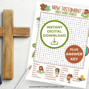 New Testament Books of the Bible Word Search Printable +Answer Key, Bible Study Games For Kids & Adults, Christian Games, Bible School Games