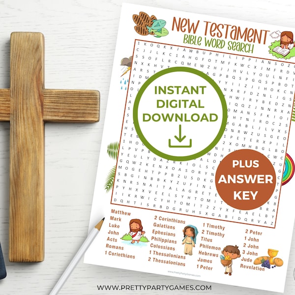 New Testament Books of the Bible Word Search Printable +Answer Key, Bible Study Games For Kids & Adults, Christian Games, Bible School Games