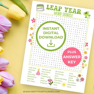 Printable Leap Year Word Search For Kids + Answer Key, Fun Leap Day Birthday Activities, Family Party Games for Classroom, Instant Download