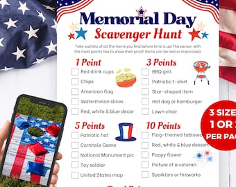 Memorial Day Photo Scavenger Hunt for Teens Tweens Adults, Printable Memorial Day Games for Groups, Office Party Games, Instant Download PDF