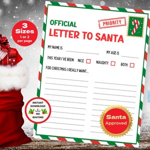 Füllen Sie die leere Brief an Santa druckbare Farbe, Weihnachtswunschliste für Kinder, druckbare Santa Nachricht, Weihnachtsandenken Sofort Download