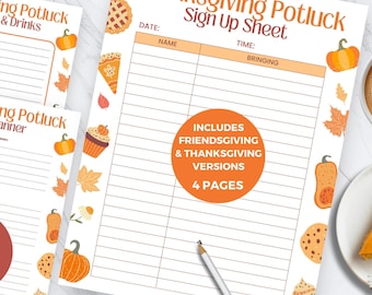 Thanksgiving Potluck Sign Up Sheet Bundle, Office Holiday Potluck Lunch Form, Friendsgiving Party Meal Planner for Dinner Food & Drinks