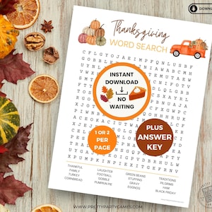 Printable Thanksgiving Word Search Puzzle & Solution, Thanksgiving Party Games, Fall Holiday Activities for Kids, Word Searches For Seniors