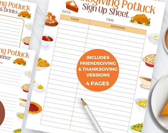 May include: Printable Thanksgiving potluck sign up sheet, meal planner, and cocktail planner. The sign up sheet includes a list of items to bring, a space for names, and a space for time. The meal planner has a list of appetizers, main dishes, side dishes, desserts, and drinks. The cocktail planner has a list of cocktails and drinks. The printable sheets are decorated with Thanksgiving-themed illustrations.