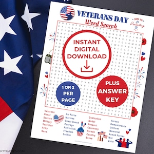 Puede incluir: Un rompecabezas de búsqueda de palabras para el Día de los Veteranos imprimible con un tema de bandera estadounidense rojo, blanco y azul. El rompecabezas presenta palabras relacionadas con los veteranos, como "honor", "servicio", "militar", "sacrificio", "ejército", "marina", "fuerza aérea", "infantería de marina", "guardia costera", "coraje", "patriotismo", "libertad", "soldado", "dedicación", "medalla", "respeto", "ceremonia", "desfile", "país", "valiente", "héroes", "recuerdo", "uniforme", "memorial", "fuerzas armadas", "guerra" y "valor". El rompecabezas está etiquetado como "Descarga digital instantánea" y "Más clave de respuesta".