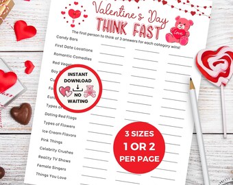 Valentines Day Think Fast Game, Valentines Party Games for Family or Ladies Game Night, Work Holiday Printable Party Games, Instant Download