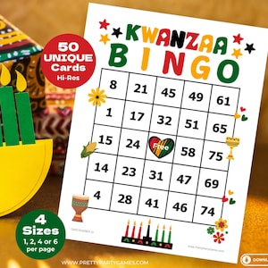 50 afdrukbare Kwanzaa-bingokaarten met cijfers, leuke Afrikaanse erfgoedspellen voor groepen, Kwanzaa-activiteiten voor kinderen en volwassenen, Instant Download