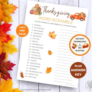 May include: A printable Thanksgiving word scramble game with a festive orange truck carrying pumpkins. The game features 20 words to unscramble, with an instant download option and an answer key included.