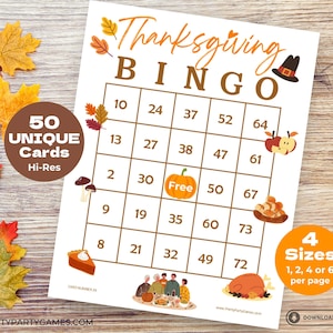 50 tarjetas de bingo de Acción de Gracias con números, juegos de fiesta imprimibles, actividades de otoño, juegos para niños y adultos, descarga digital instantánea