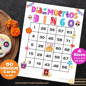 50 Dia de los Muertos Bingokarten mit Zahlen, druckbare Partyspiele, Tag der Toten Spiele für Kinder, 1 2 4 oder 6 pro Seite, sofortdownload