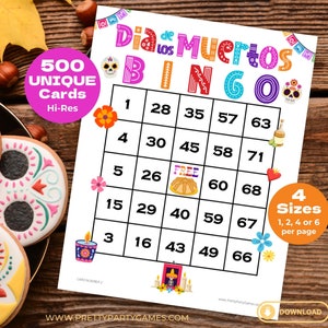 500 Bingokarten Dia de los Muertos mit Zahlen, Partyspiele zum Ausdrucken, Familientag der Toten, 1 2 4 oder 6 pro Seite, Sofort Download