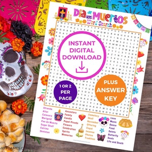 Rompecabezas de búsqueda de palabras del Día de los Muertos, juegos de fiesta imprimibles para niños y adultos, juegos del Día de los Muertos, juegos para personas mayores, descarga instantánea
