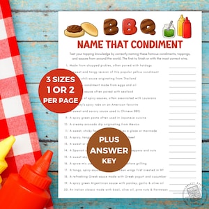 May include: A BBQ-themed game with the text "Name That Condiment" and a list of condiment clues. The image includes hot dogs, ketchup, mustard, and a red and white checkered tablecloth. A digital download is available.