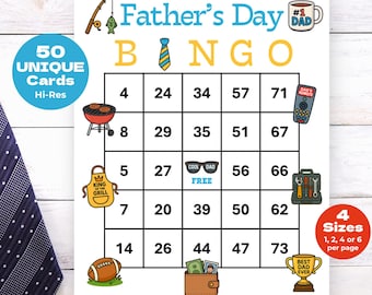 Fathers Day Bingo Cards, 50 Printable Bingo Cards with Numbers, Dads Day Games for Kids & Adults, Father's Day Party Ideas, Instant Download
