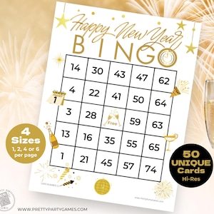 50 druckbare Silvester Bingokarten mit Zahlen, Silvester Bingospiel für glückliches neues Jahr Feier, Urlaub Partyspiele, Sofort Download