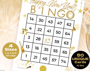 50 tarjetas de bingo de Nochevieja para imprimir con números, juego de bingo de Nochevieja para celebrar el Año Nuevo, juegos para fiestas navideñas, descarga instantánea