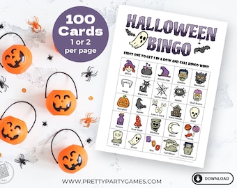 Halloween Bingo Cards 100, Bingo For Kids, Teens & Adults, Printable Halloween Games for Office Party or Classroom, Simple Games for Seniors