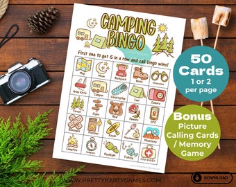 50 cartes de bingo de camping, jeu de bingo à imprimer, activités de camping d'été pour enfants, filles, éclaireurs et adultes, camp de bingo pour célibataires