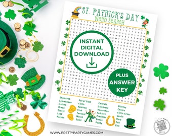 May include: A printable St. Patrick's Day word search puzzle with a green shamrock border. The puzzle features words related to the holiday, such as "shamrock", "leprechaun", "pot of gold", and "Irish".  The words are hidden in a grid of letters.  The puzzle also includes an answer key.