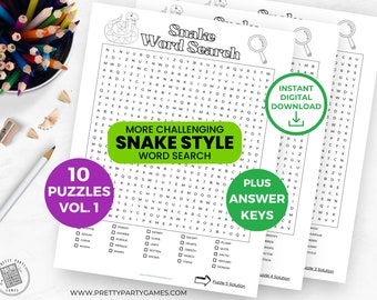 10 Word Snake Printable Word Search Puzzles and Solutions, 10 Puzzle Word Search Packet, Instant Download Puzzle Books for Adults, VOLUME 1