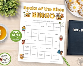 Books of the Bible Bingo Game, 50 Colorful Bible Bingo Cards for Kids & Adults, Printable Sunday School Activity for Christian Youth Groups